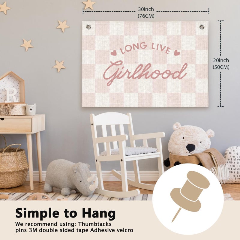 ETVISO Long Live Girlhood Preppy Pink Checkered Girls Room Decor - Linen Banner Wall Hanging Canvas Banner Flag Decor for Girly Nursery Toddler Playroom Bedroom Dorm Apartment - Image 2